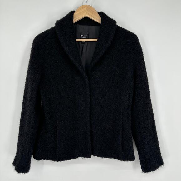 Eileen Fisher Airy Boucle Wool Blend Jacket Teddy Fuzzy Chunky Coat, Black - Picture 1 of 9
